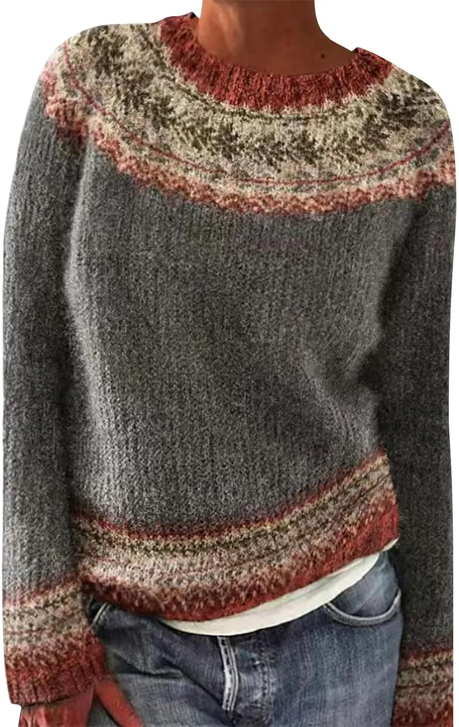 Women's Vintage Fair Isle Sweater Women's Knitted Isle Print Retro Sweater Casual Loose Crewneck Pullover Sweater