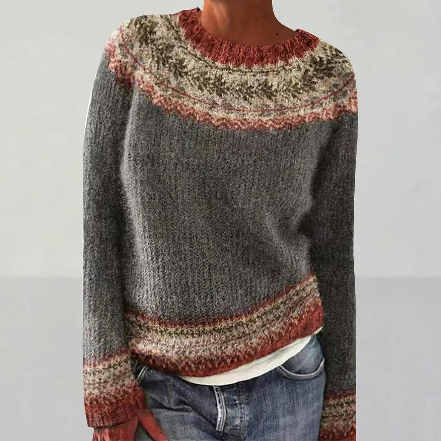 Women's Vintage Fair Isle Sweater Women's Knitted Isle Print Retro Sweater Casual Loose Crewneck Pullover Sweater