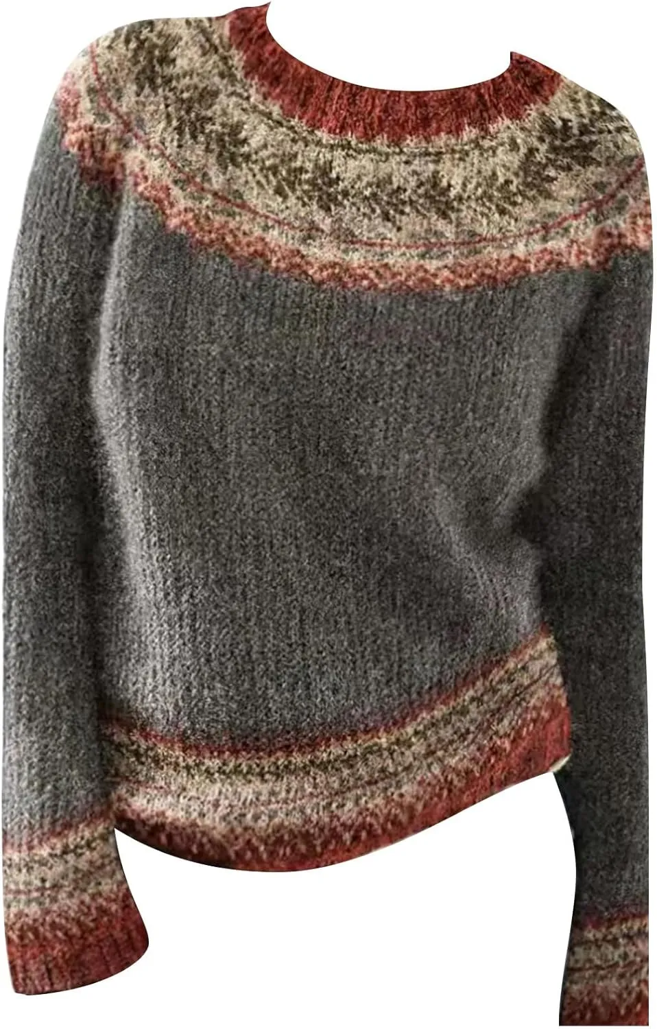 Women's Vintage Fair Isle Sweater Women's Knitted Isle Print Retro Sweater Casual Loose Crewneck Pullover Sweater