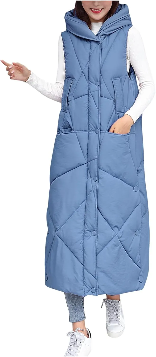 Womens Warm Winter Vests Long Loose Fit Puffer Down Coat with Hood Zip Up Snaps Sleeveless Padded Quilted Jacket 2023