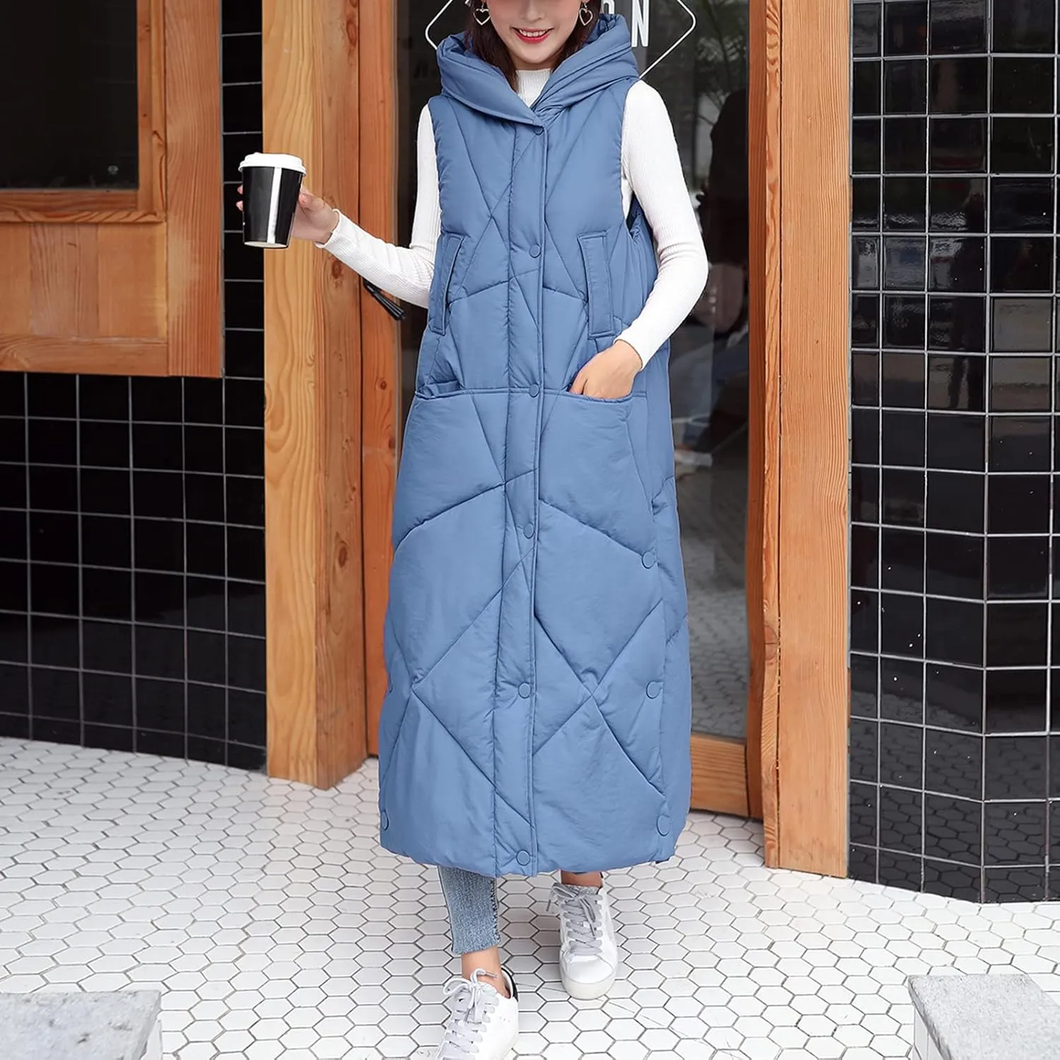 Womens Warm Winter Vests Long Loose Fit Puffer Down Coat with Hood Zip Up Snaps Sleeveless Padded Quilted Jacket 2023