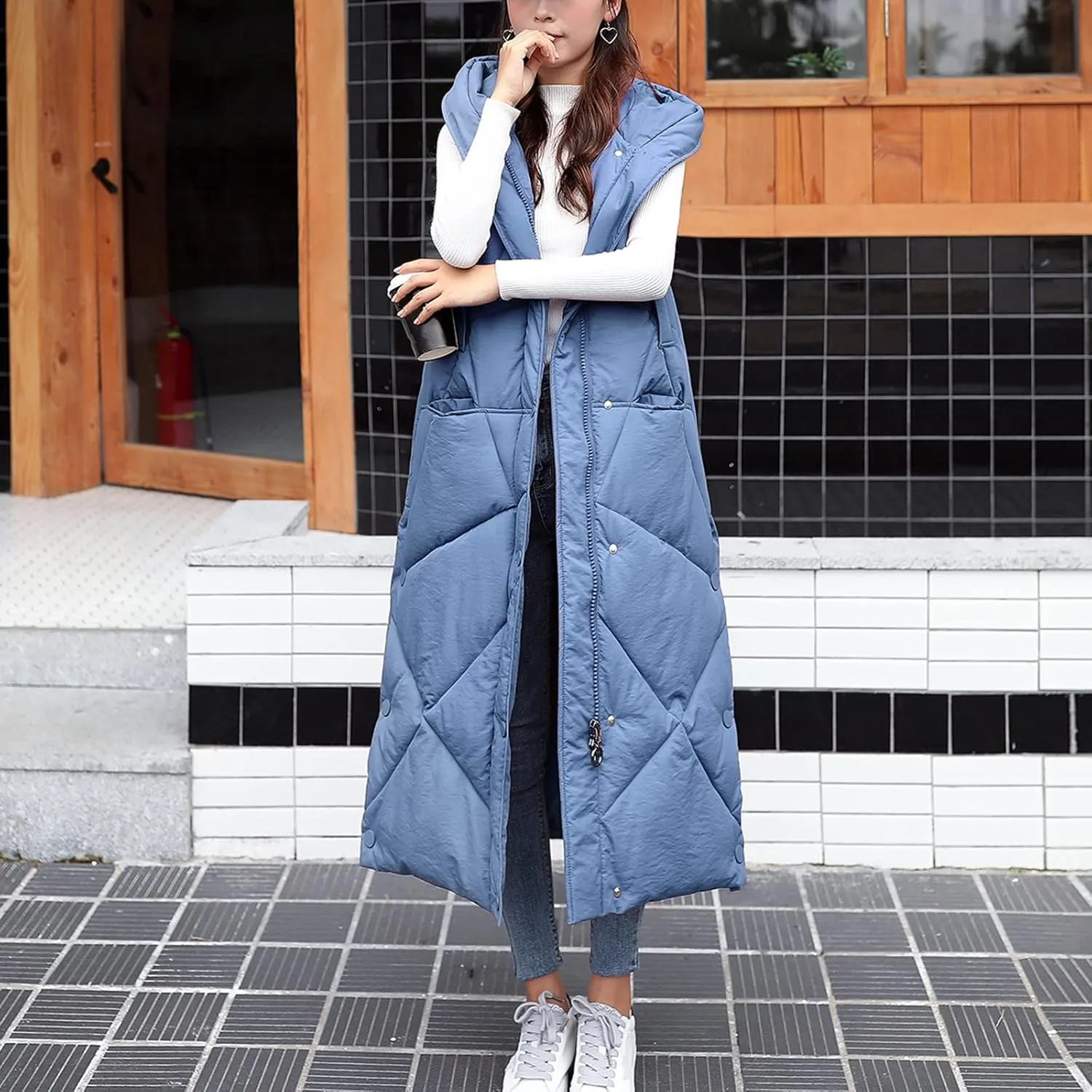 Womens Warm Winter Vests Long Loose Fit Puffer Down Coat with Hood Zip Up Snaps Sleeveless Padded Quilted Jacket 2023