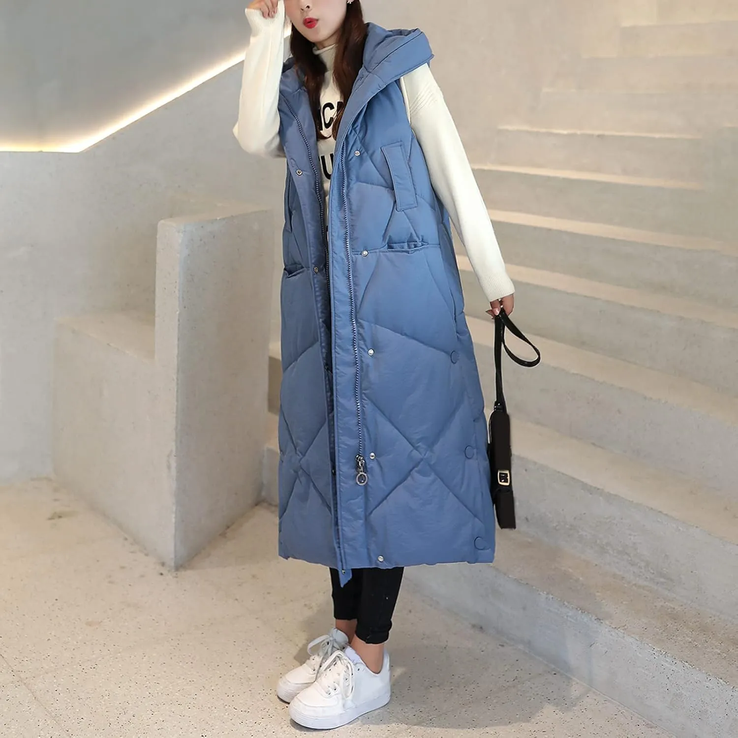Womens Warm Winter Vests Long Loose Fit Puffer Down Coat with Hood Zip Up Snaps Sleeveless Padded Quilted Jacket 2023