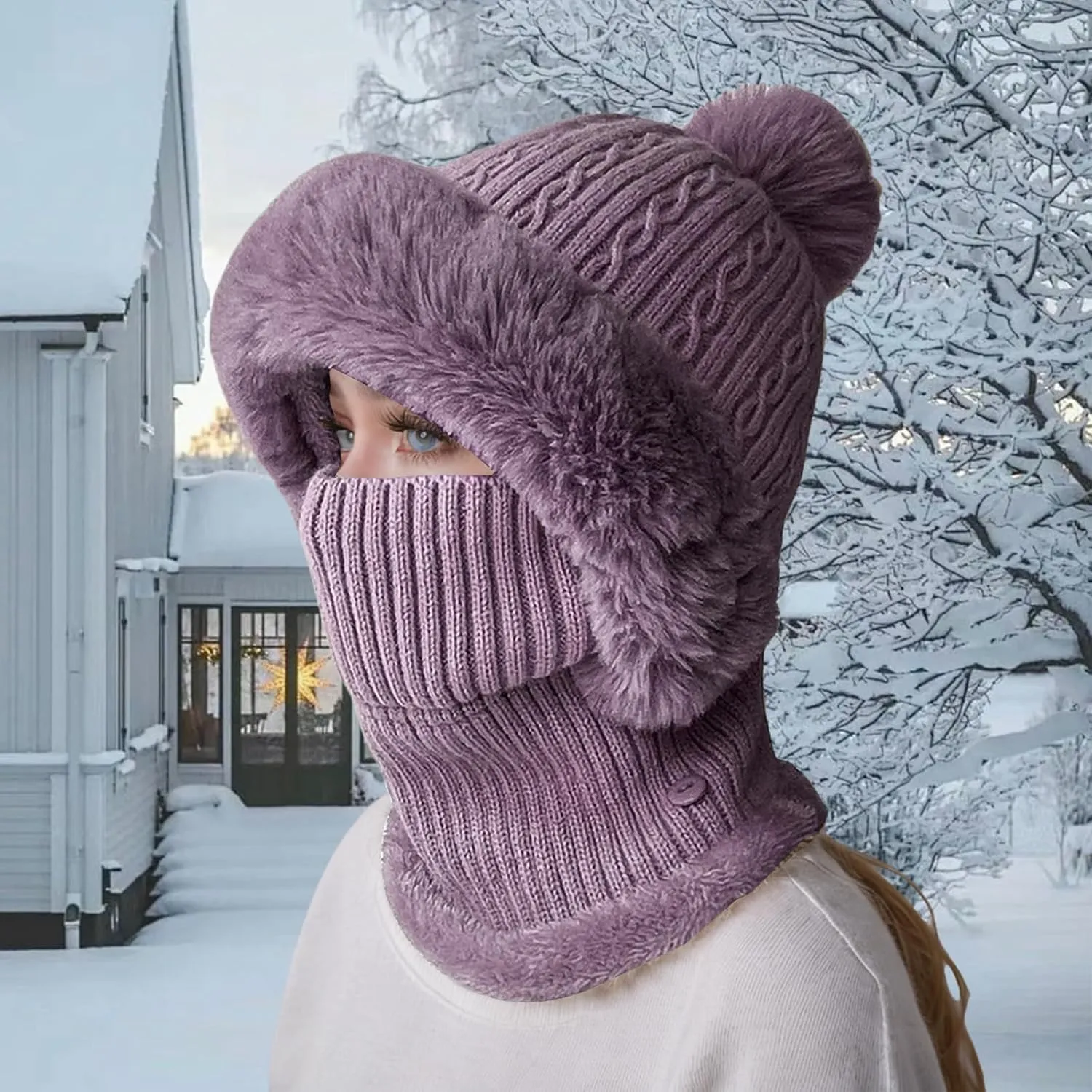 Women's Winter Beanie Hats Knit Striped Scarf Mask Set Fleece Sherpa Lined Snow Caps Winter Warm Hat with Pompom