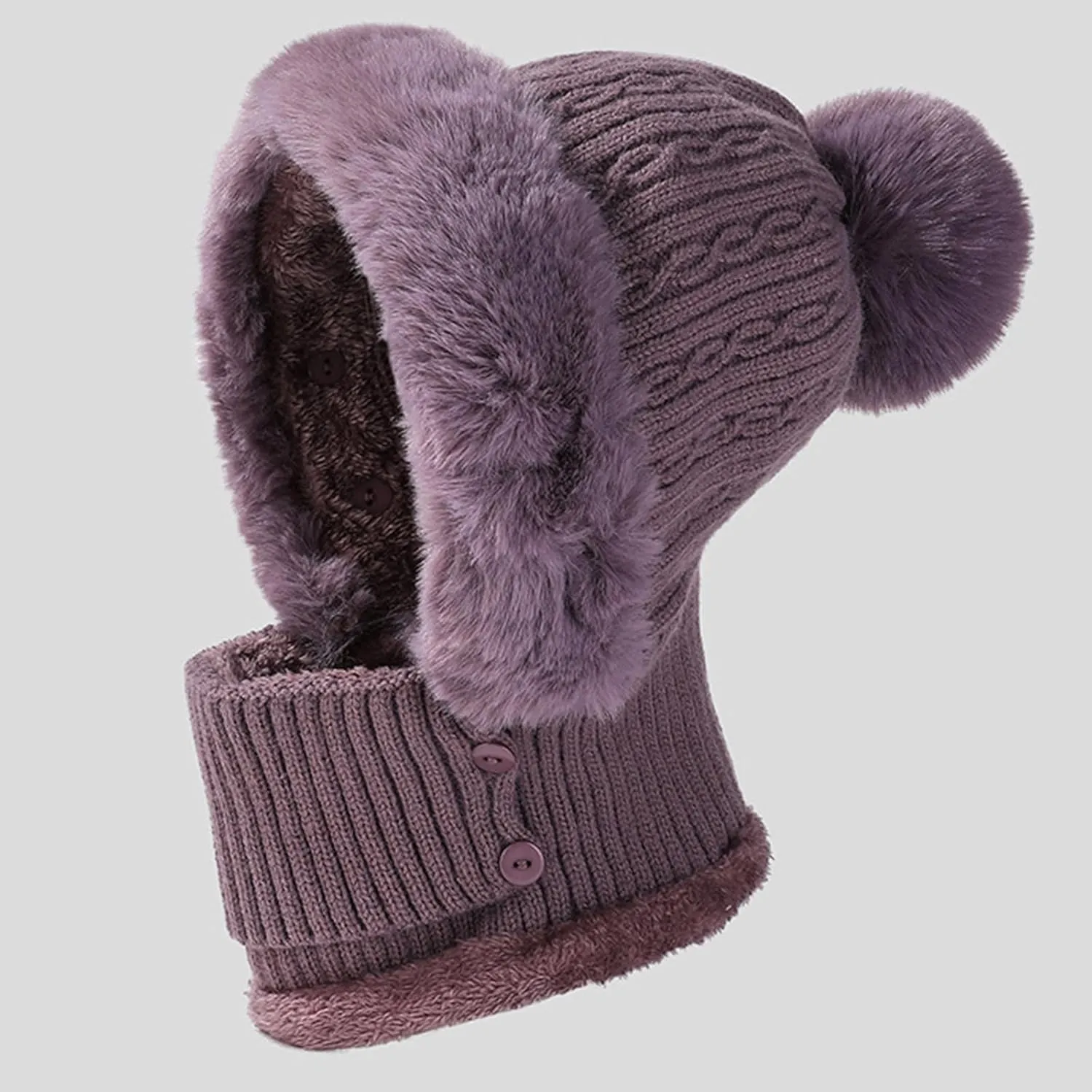 Women's Winter Beanie Hats Knit Striped Scarf Mask Set Fleece Sherpa Lined Snow Caps Winter Warm Hat with Pompom