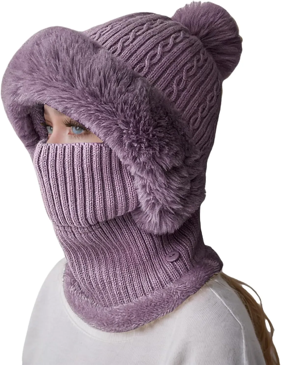 Women's Winter Beanie Hats Knit Striped Scarf Mask Set Fleece Sherpa Lined Snow Caps Winter Warm Hat with Pompom