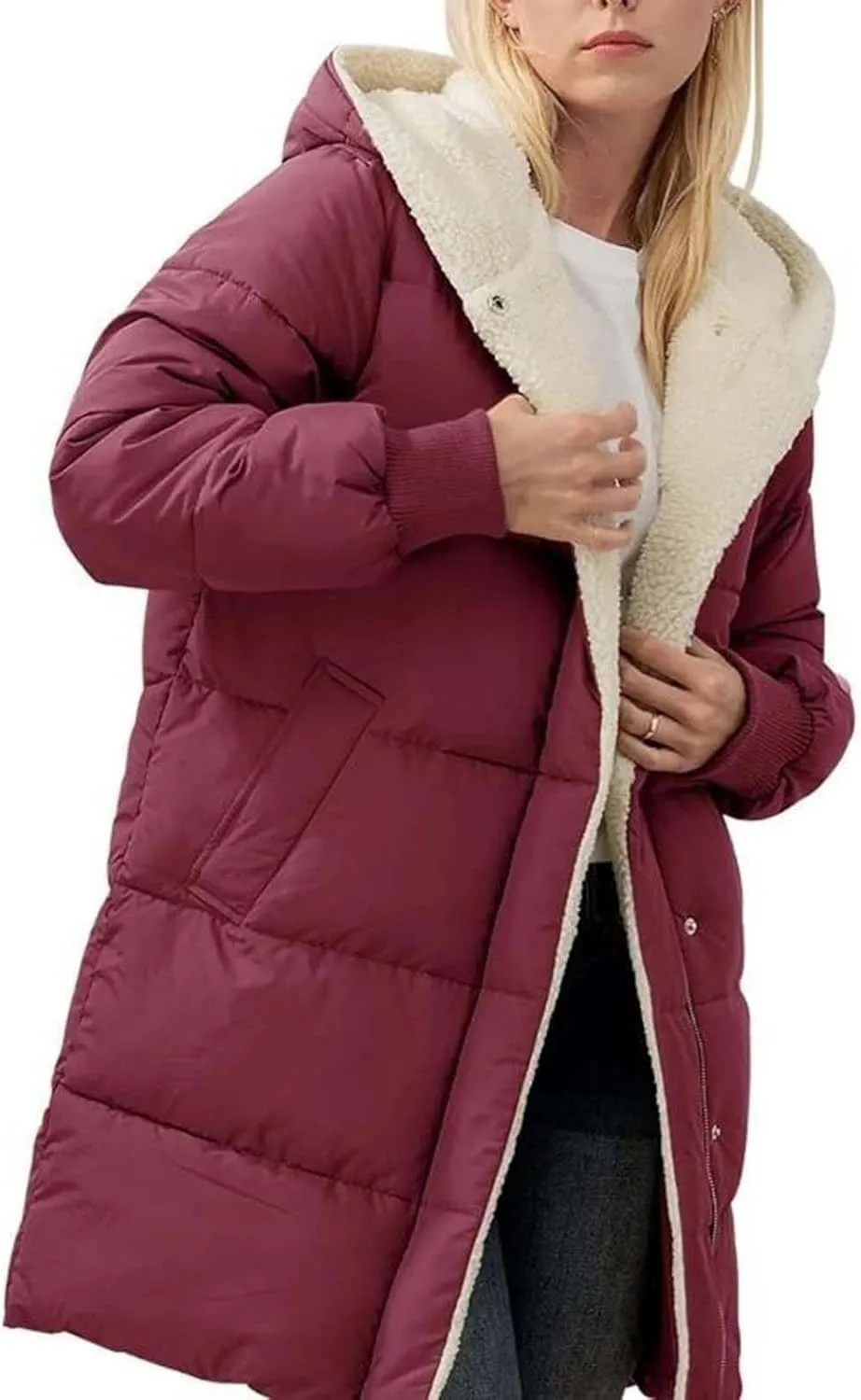 Women's Winter Casual Quilted Jackets Oversized Shearling Fleece Hooded Fleece Jacket Fall Fashion Open Front Coats