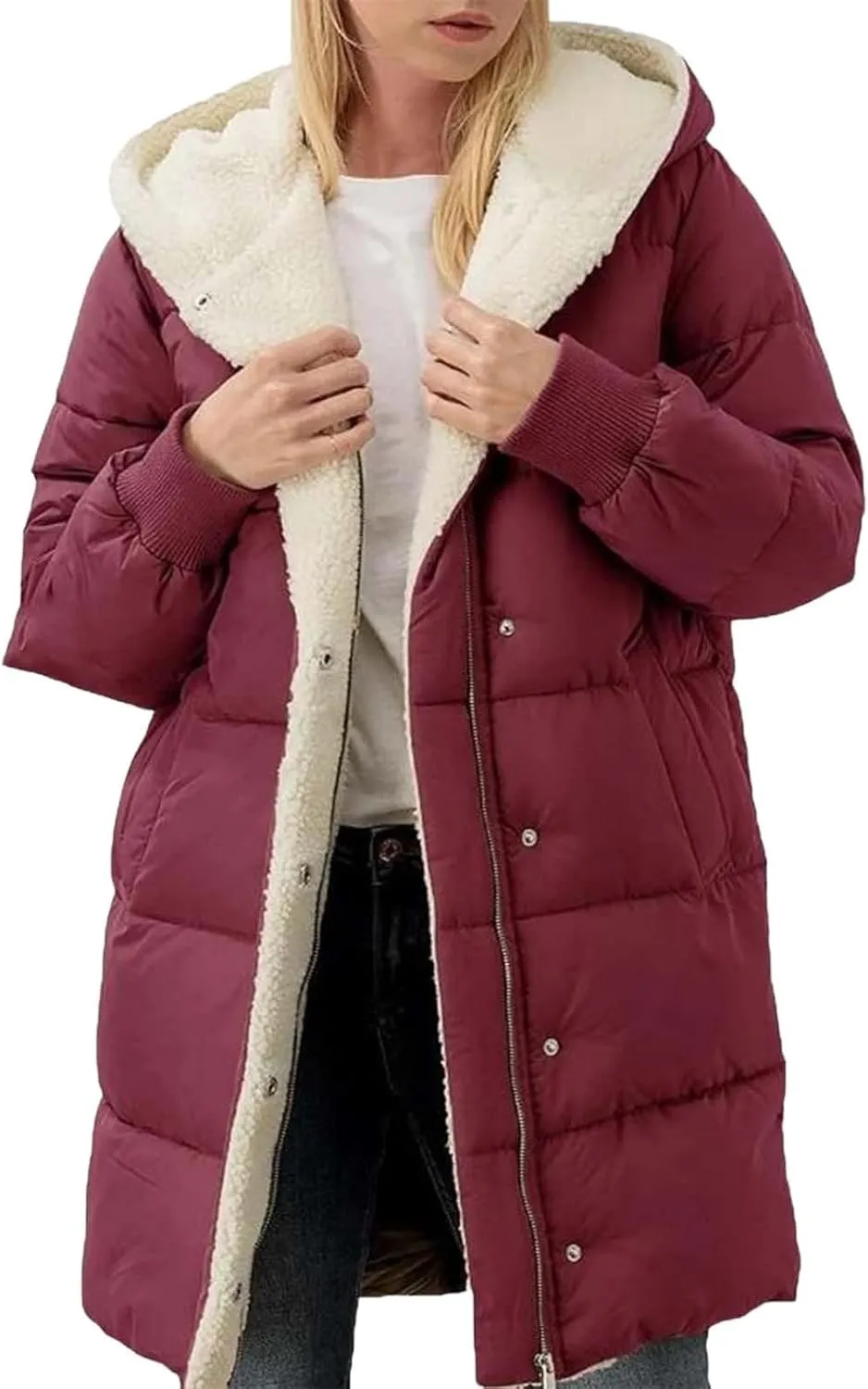 Women's Winter Casual Quilted Jackets Oversized Shearling Fleece Hooded Fleece Jacket Fall Fashion Open Front Coats