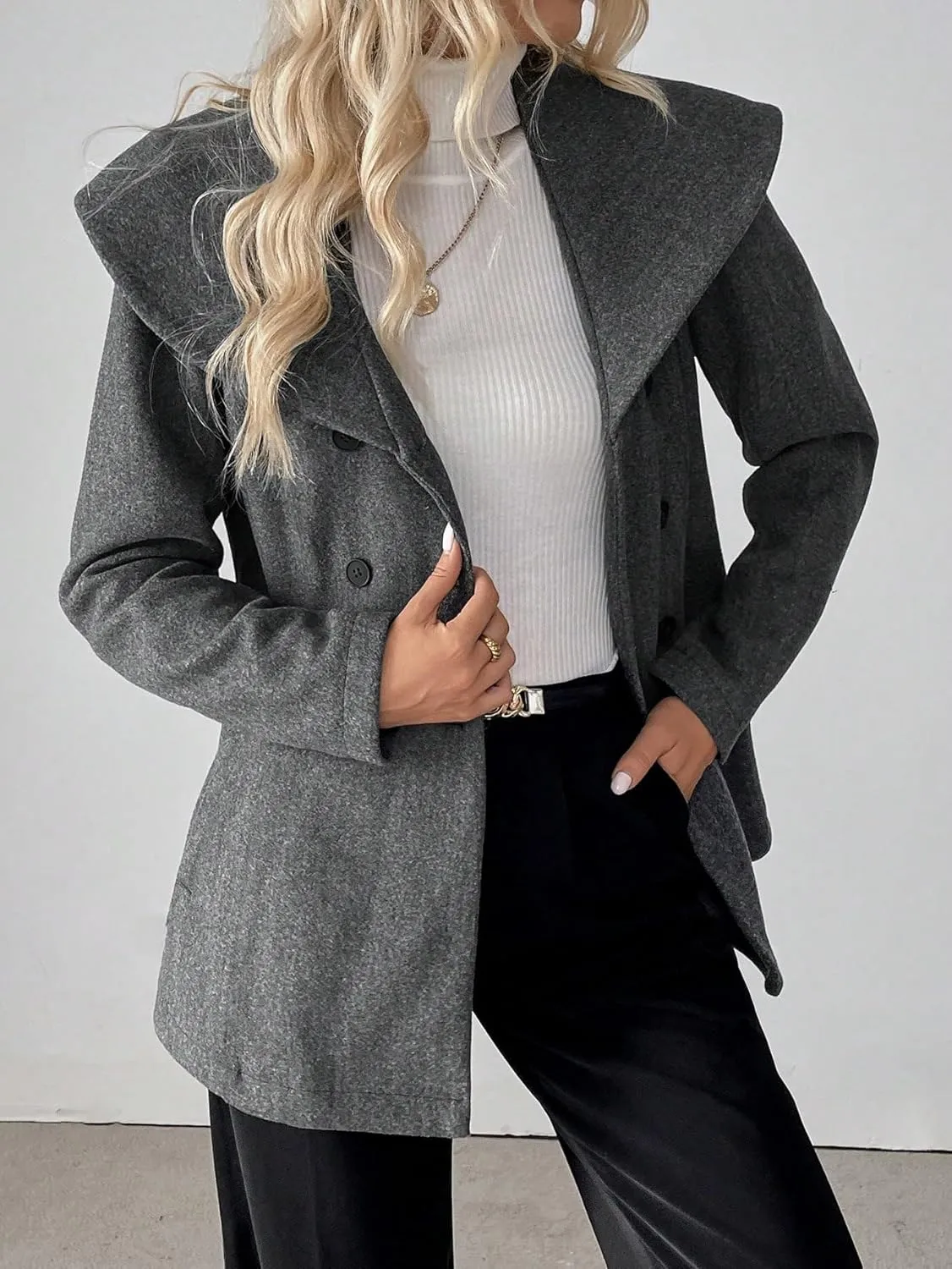 womens winter coats Casual Double-Breasted Wool Blend Jacket, Autumn