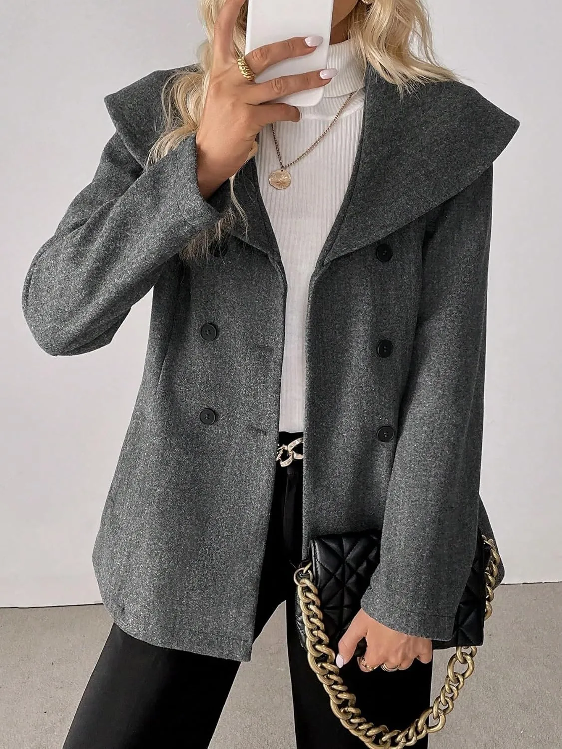 womens winter coats Casual Double-Breasted Wool Blend Jacket, Autumn