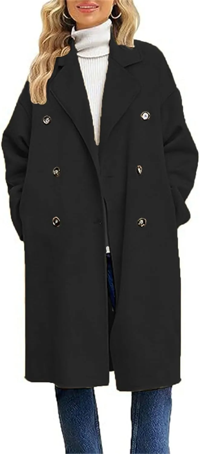 Women's Winter Double Breasted Midi Long Wool Pea Coat Notch Lapel Trench Coat