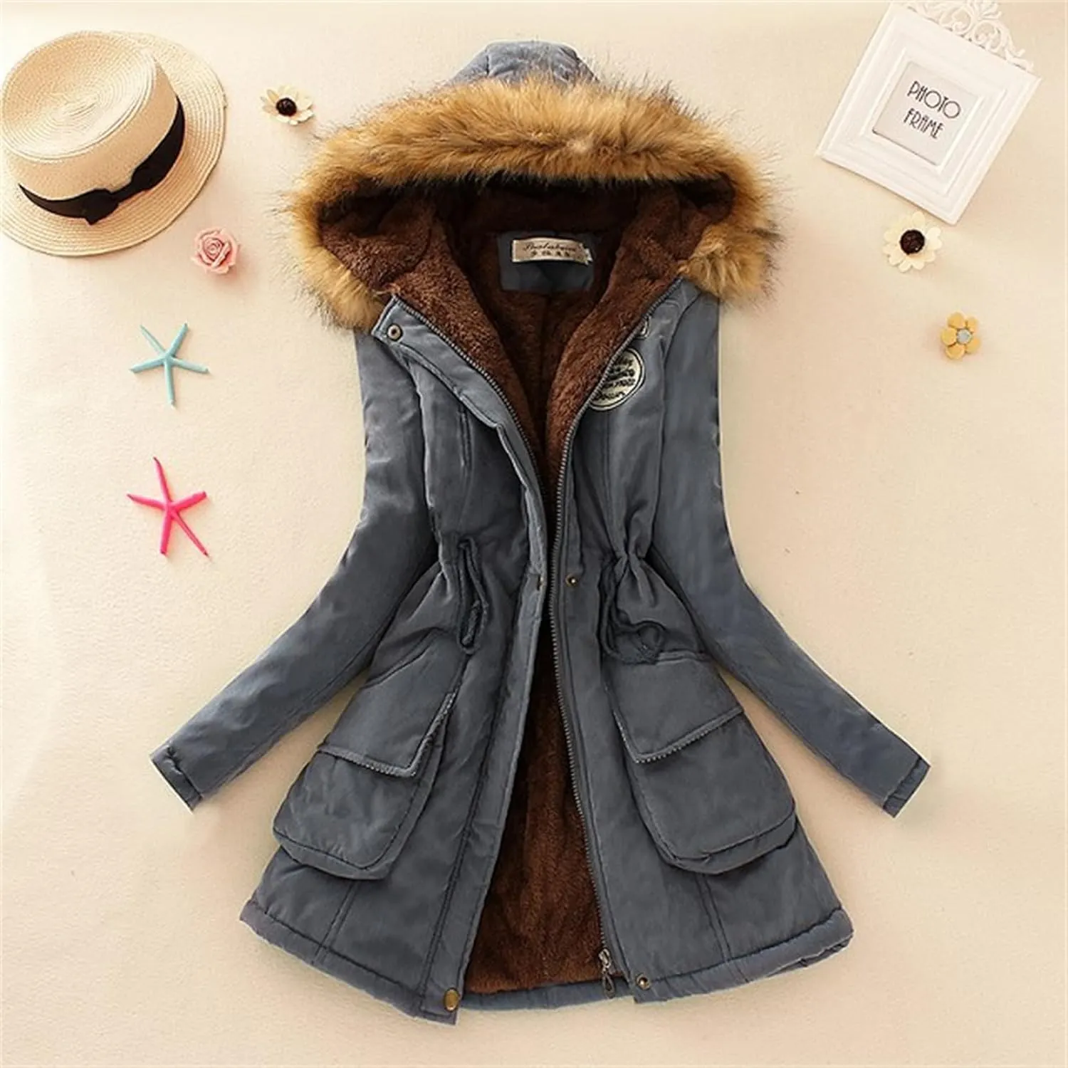 Womens Winter Down Coat Thick Faux Lamb Wool Lined Jacket Windproof Puffer Jacket with Faux Fur Hood