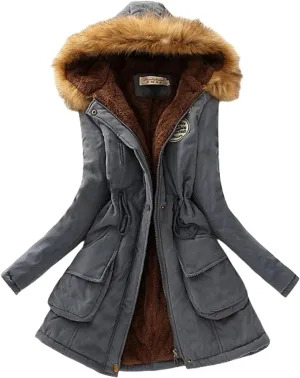 Womens Winter Down Coat Thick Faux Lamb Wool Lined Jacket Windproof Puffer Jacket with Faux Fur Hood