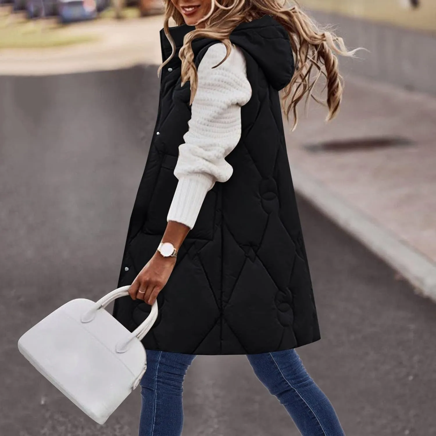 Womens Winter Down Jacket Vests Long Loose Sleeveless Puffer Coats Plus Size Oversized Casual Zip Up Quilted Jackets