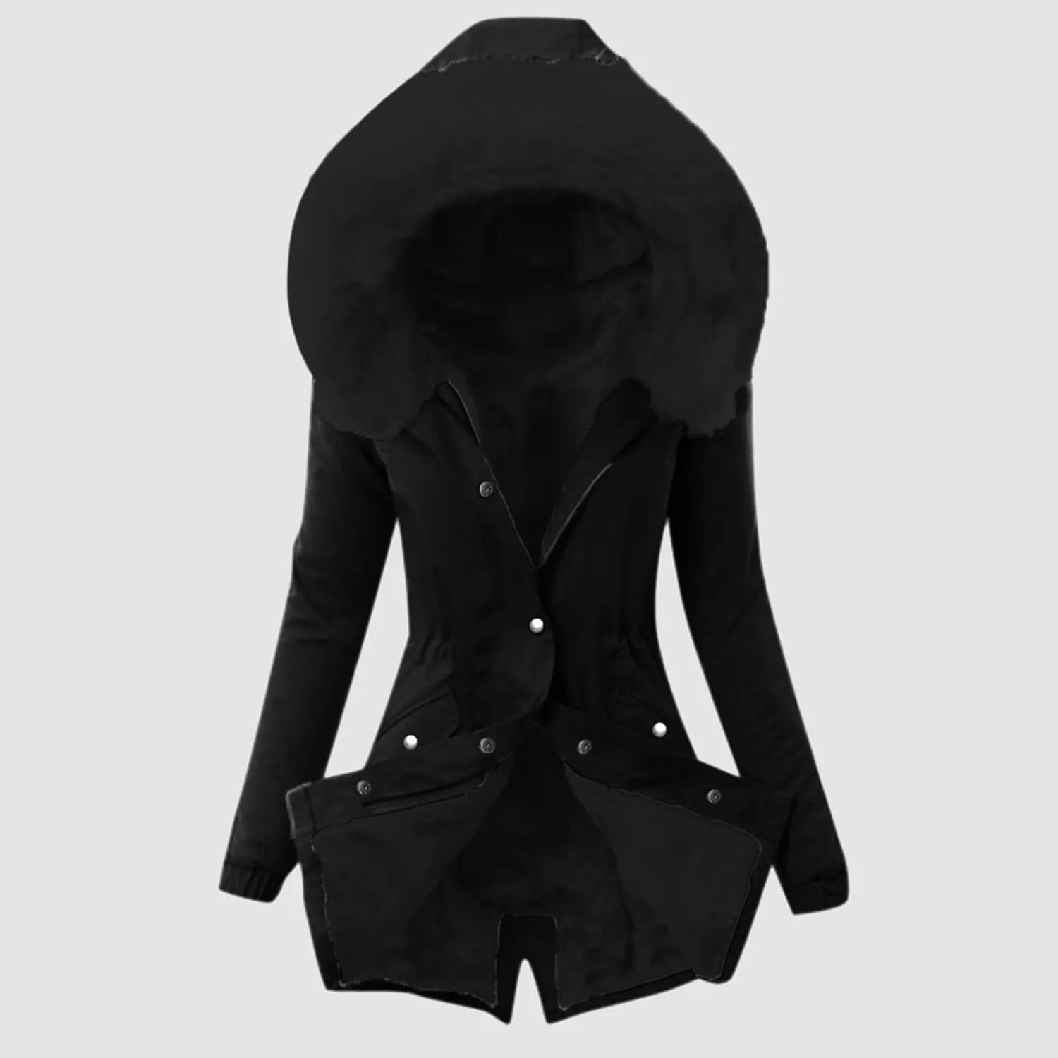 Womens Winter Fleece Jacket with Hood Fashion Elegant Long Sleeve Button Overcoat Casual Slim Outdoor Outing Outwear