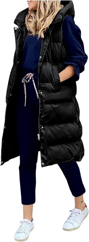 Women's Winter Hooded Long Quilted Puffer Trench Coats Zip Up Padded Puffy Down Jacket Lightweight Padded Jackets