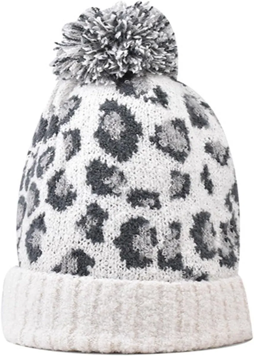 Womens Winter Knitted Beanie Hat with Faux Fur Pom Classic Warm Leopard Print Knit Skull Cap Knitted Beanie Hats