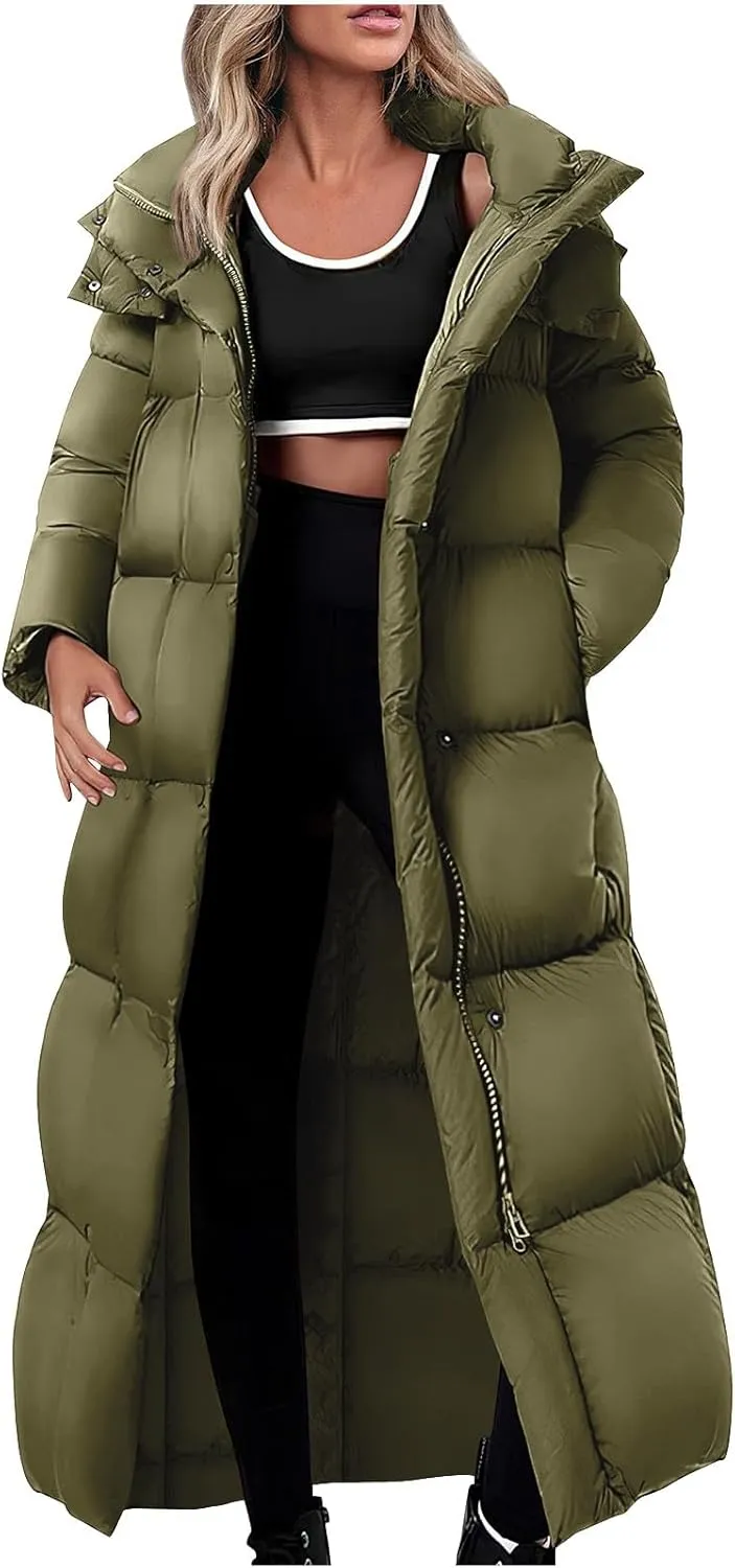 Women's Winter Long Puffer Coats Thicken Down Jackets Warm Padded Coat Zip up Quilted Jacket Casual Trendy Outerwear