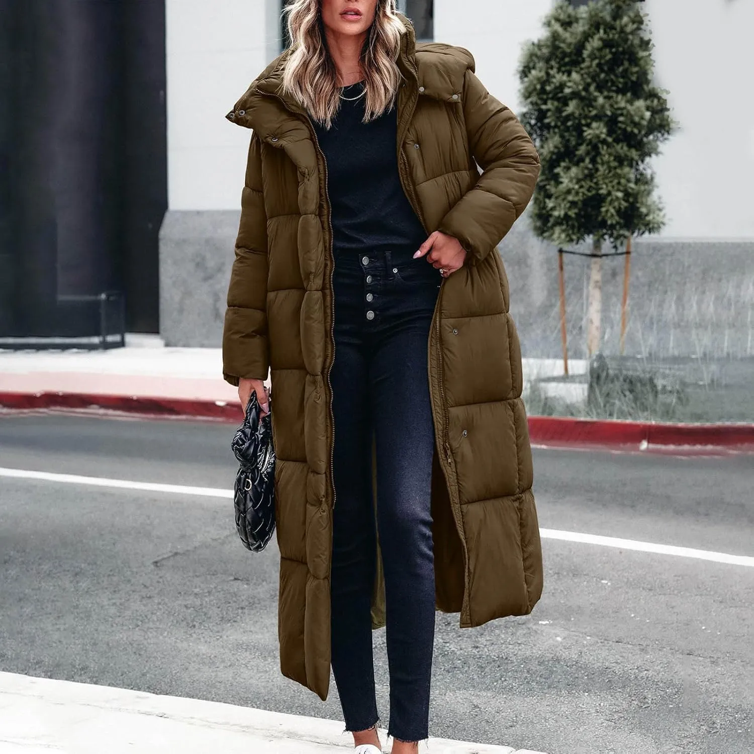 Women's Winter Long Puffer Coats Thicken Down Jackets Warm Padded Coat Zip up Quilted Jacket Casual Trendy Outerwear
