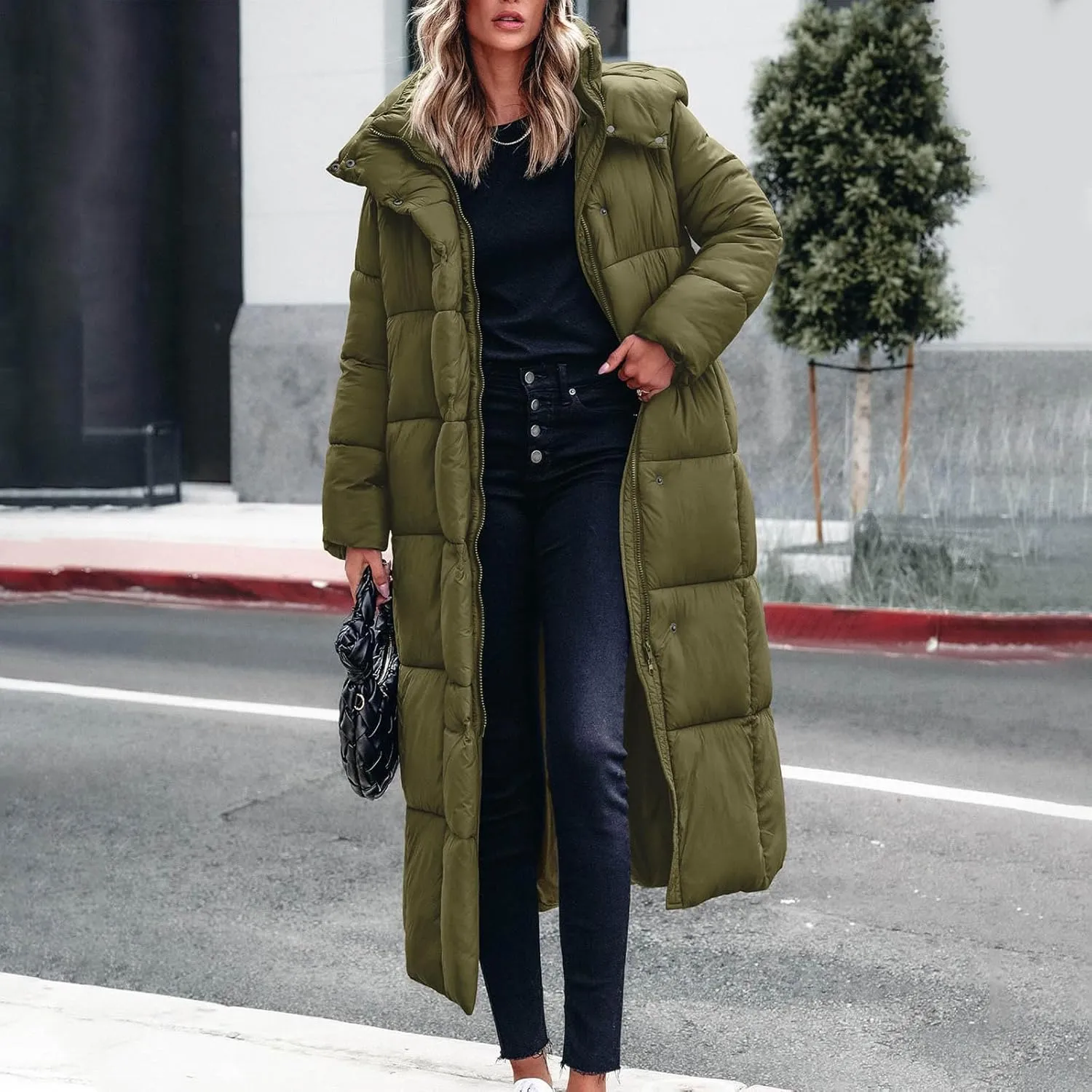 Women's Winter Long Puffer Coats Thicken Down Jackets Warm Padded Coat Zip up Quilted Jacket Casual Trendy Outerwear