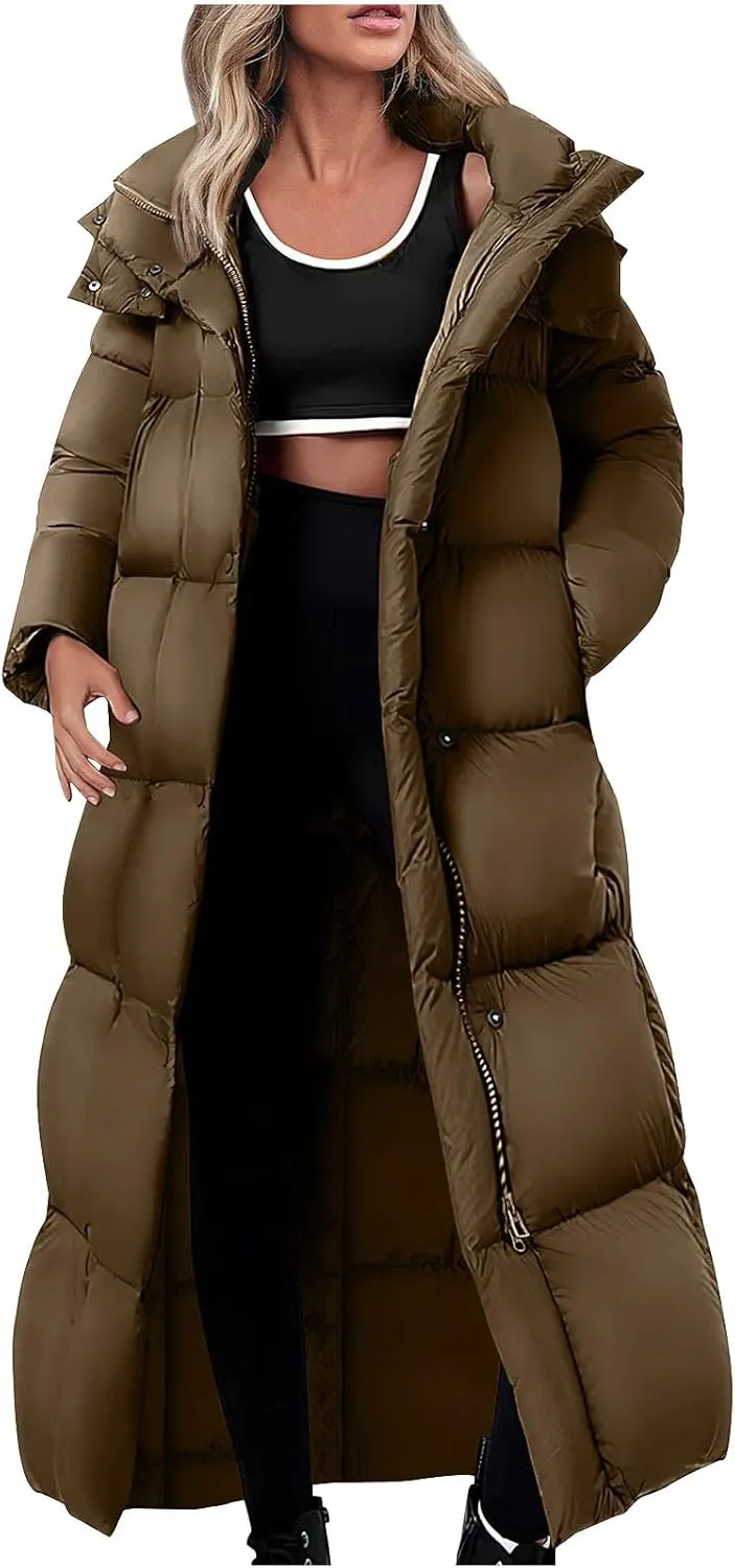 Women's Winter Long Puffer Coats Thicken Down Jackets Warm Padded Coat Zip up Quilted Jacket Casual Trendy Outerwear