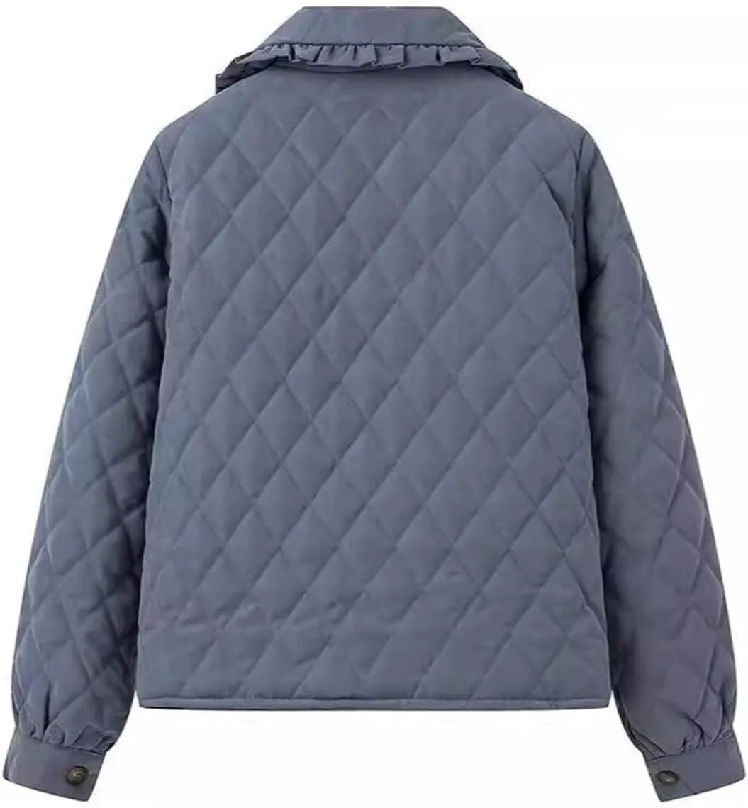 Womens Winter Ultra Lightweight Down Jacket Lapel Puffer Coats Long Sleeved Quilted Padded Jackets Pockets Outerwear