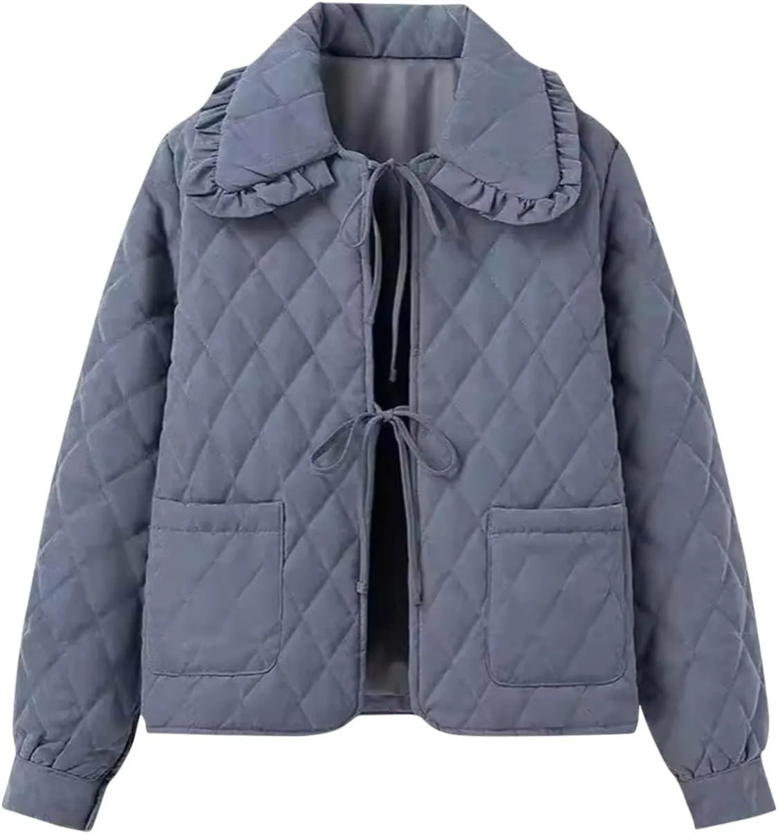 Womens Winter Ultra Lightweight Down Jacket Lapel Puffer Coats Long Sleeved Quilted Padded Jackets Pockets Outerwear