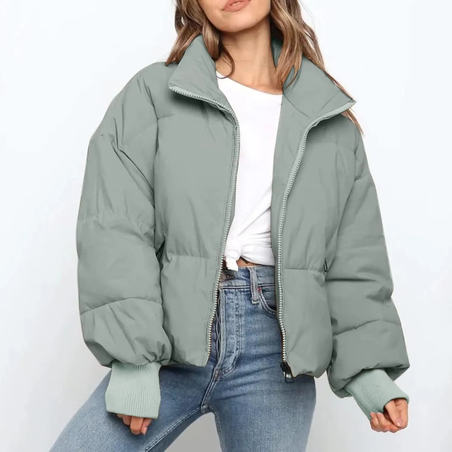 Women’s Winter Warm Cropped Puffer Jacket Coat Casual Quilted Baggy Long Sleeve Zip Down Sherpa Jackets Outerwear