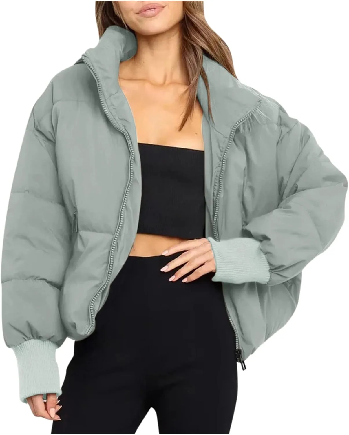 Women’s Winter Warm Cropped Puffer Jacket Coat Casual Quilted Baggy Long Sleeve Zip Down Sherpa Jackets Outerwear