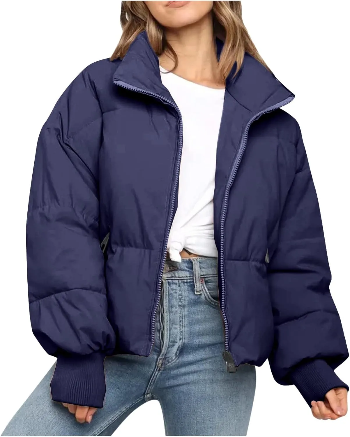 Women’s Winter Warm Cropped Puffer Jacket Coat Casual Quilted Baggy Long Sleeve Zip Down Sherpa Jackets Outerwear