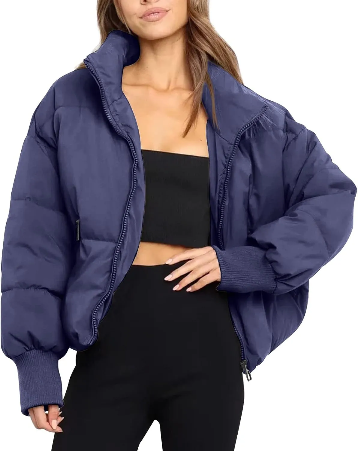 Women’s Winter Warm Cropped Puffer Jacket Coat Casual Quilted Baggy Long Sleeve Zip Down Sherpa Jackets Outerwear