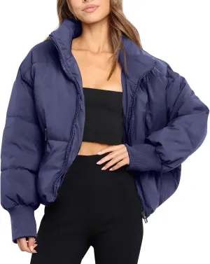 Women’s Winter Warm Cropped Puffer Jacket Coat Casual Quilted Baggy Long Sleeve Zip Down Sherpa Jackets Outerwear