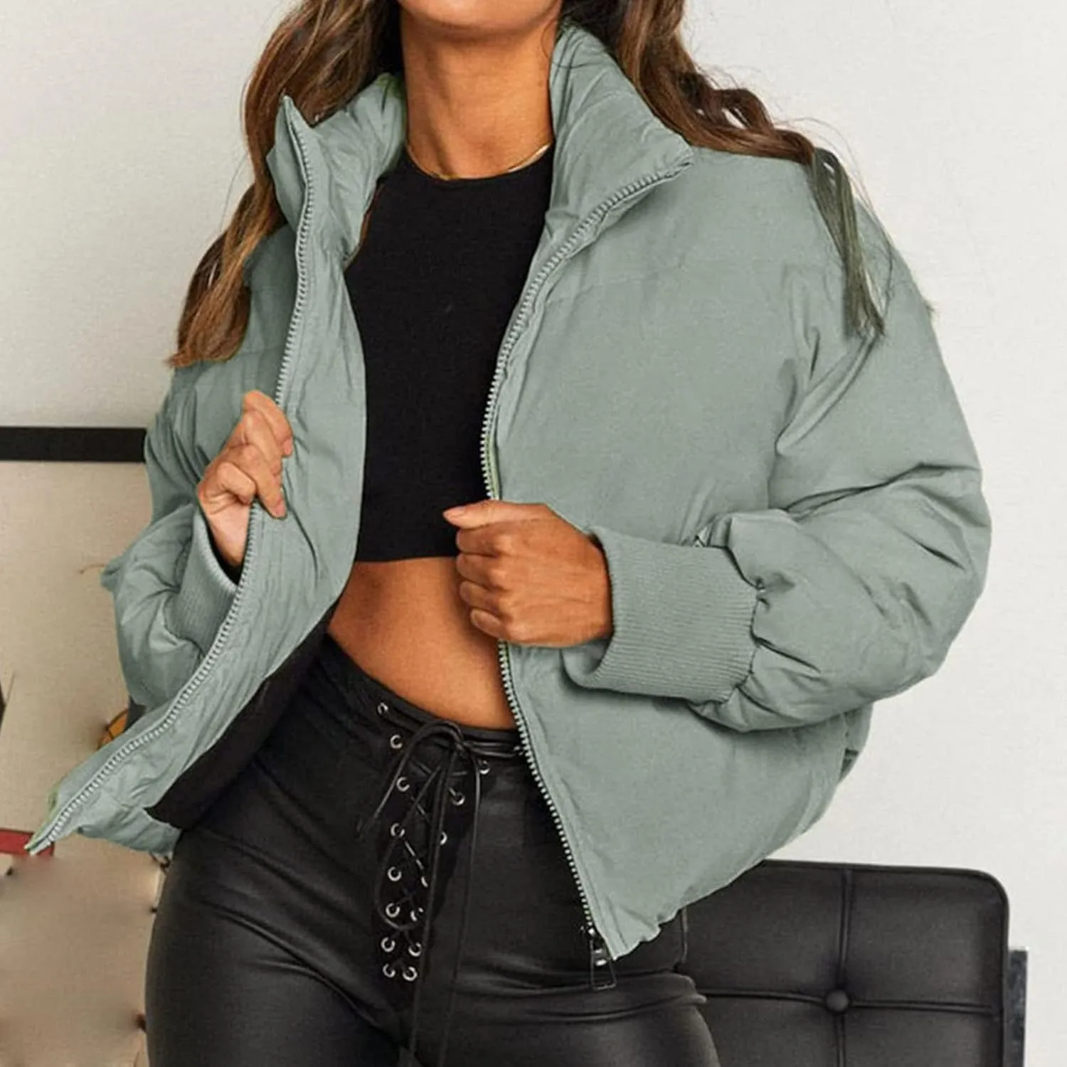 Women’s Winter Warm Cropped Puffer Jacket Coat Casual Quilted Baggy Long Sleeve Zip Down Sherpa Jackets Outerwear