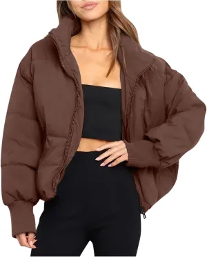 Women’s Winter Warm Cropped Puffer Jacket Coat Casual Quilted Baggy Long Sleeve Zip Down Sherpa Jackets Outerwear