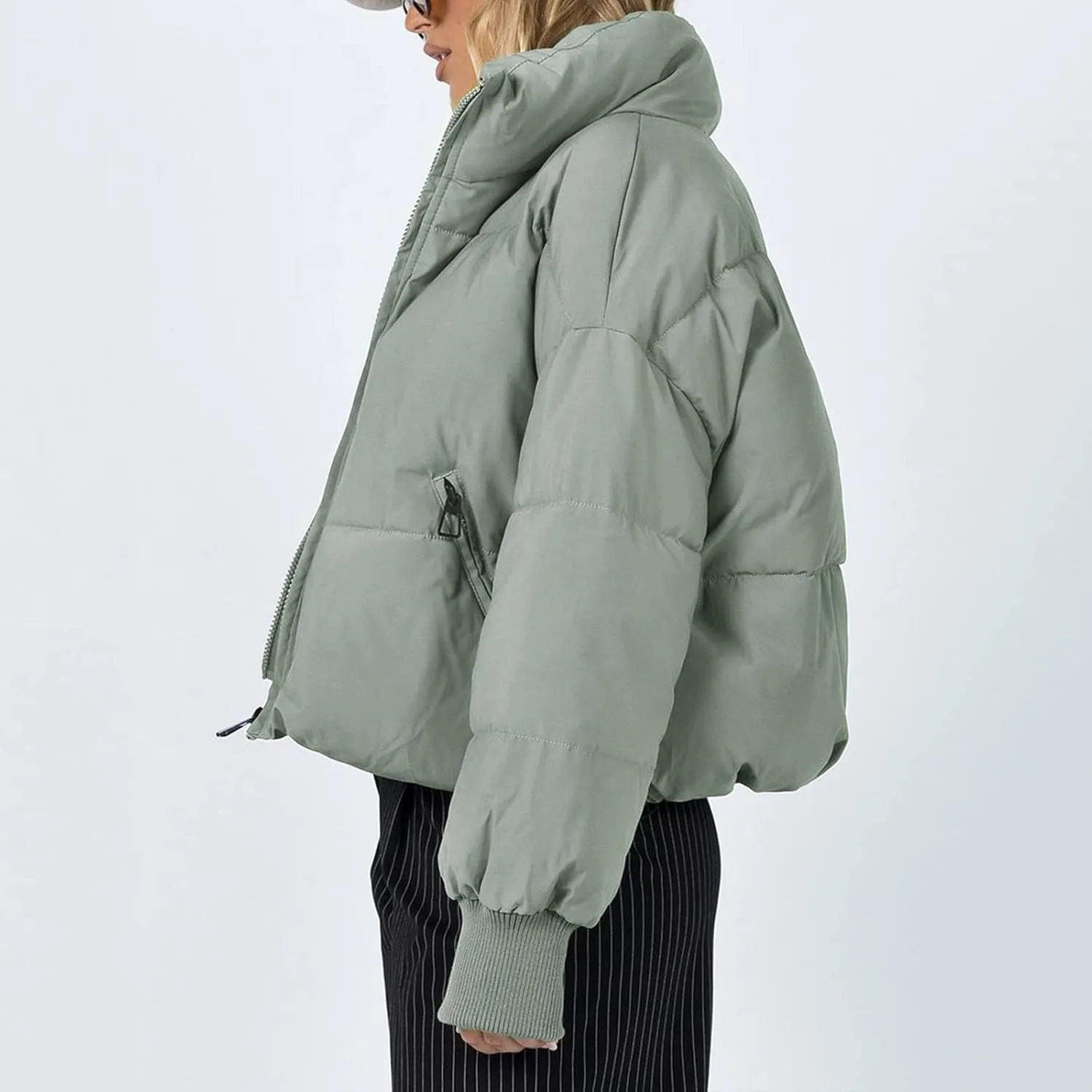 Women’s Winter Warm Cropped Puffer Jacket Coat Casual Quilted Baggy Long Sleeve Zip Down Sherpa Jackets Outerwear