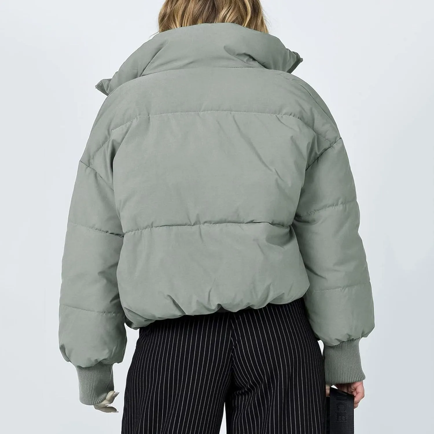 Women’s Winter Warm Cropped Puffer Jacket Coat Casual Quilted Baggy Long Sleeve Zip Down Sherpa Jackets Outerwear