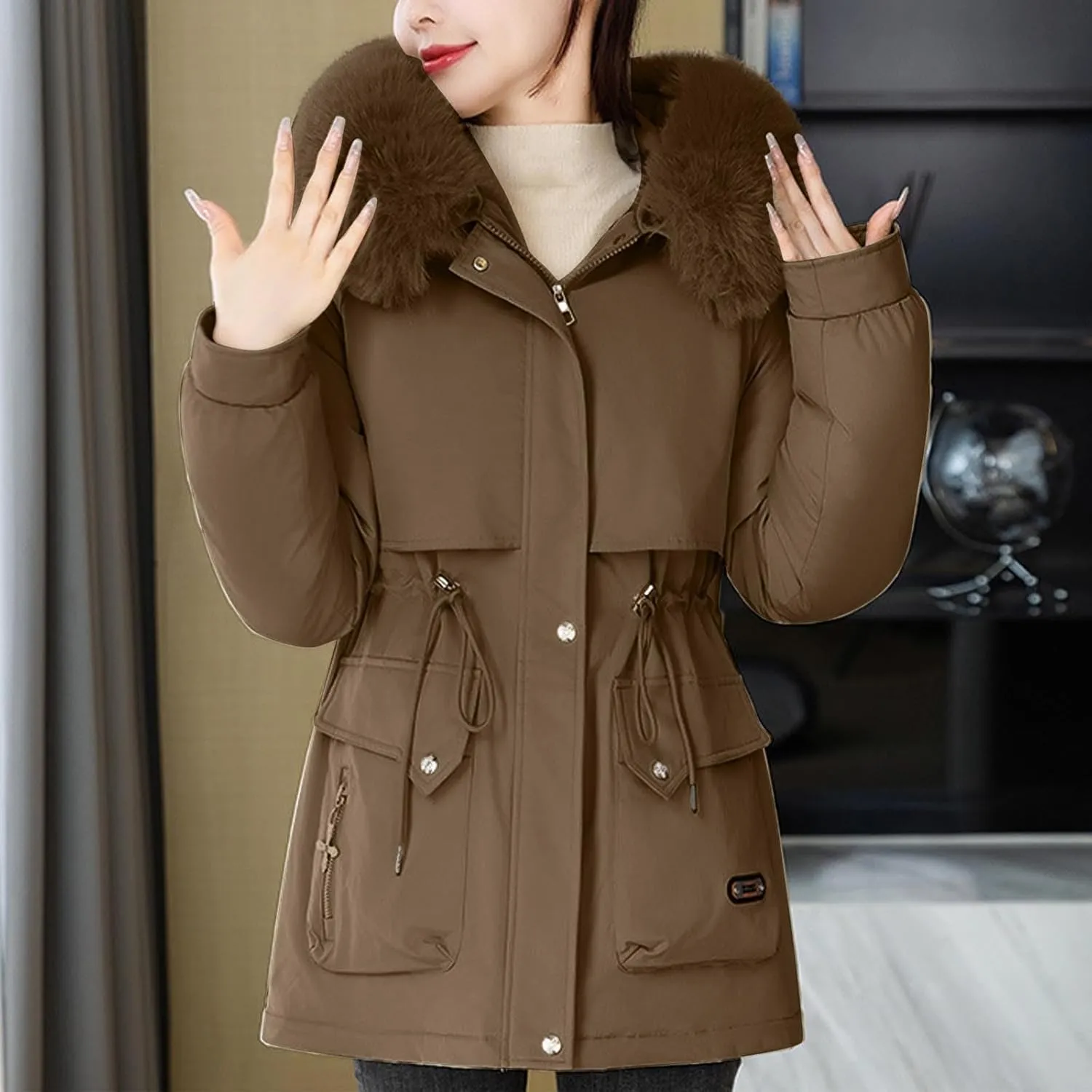 Women's Winter Windproof Coats Thicken Parka Jacket Military Anorak Heavyweight Down Puffer Jacket With Fur Faux Hood
