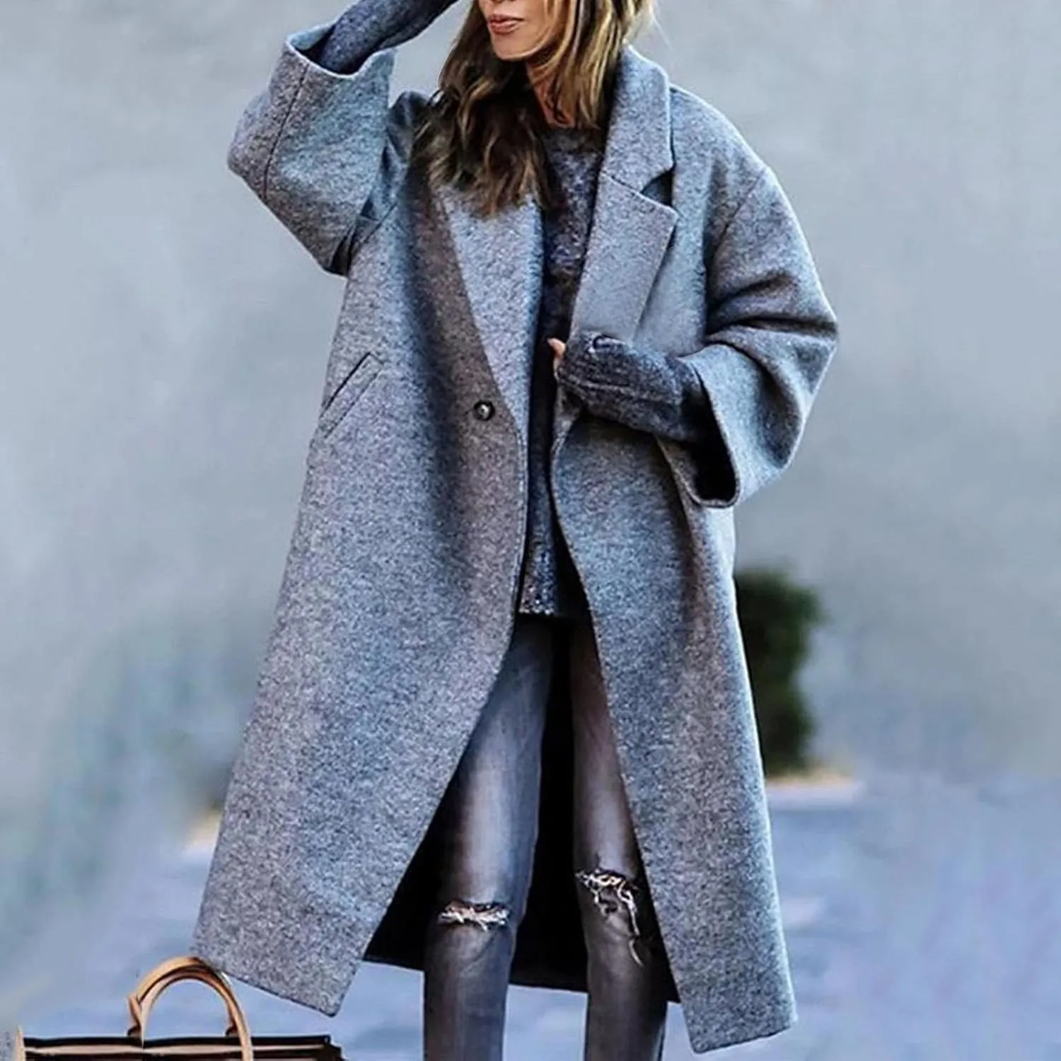 Women's Winter Woolen Coat,Lapel Collar One Button Winter Long Shacket Coat Plus Sized Trench Coat Pockets
