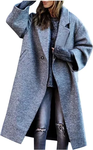 Women's Winter Woolen Coat,Lapel Collar One Button Winter Long Shacket Coat Plus Sized Trench Coat Pockets