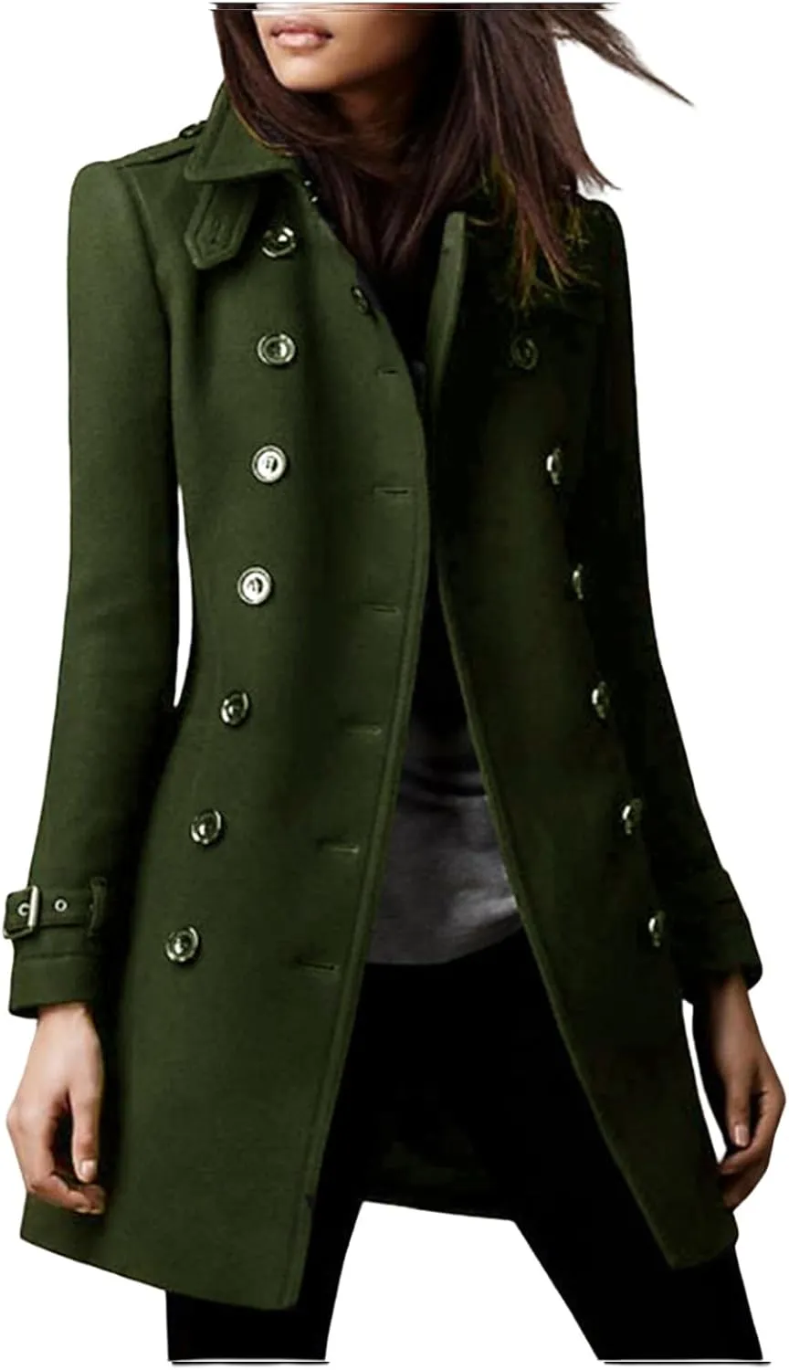 Womens Wool Coats Double Breasted Long Peacoat Trench Button Down Coats with Pockets