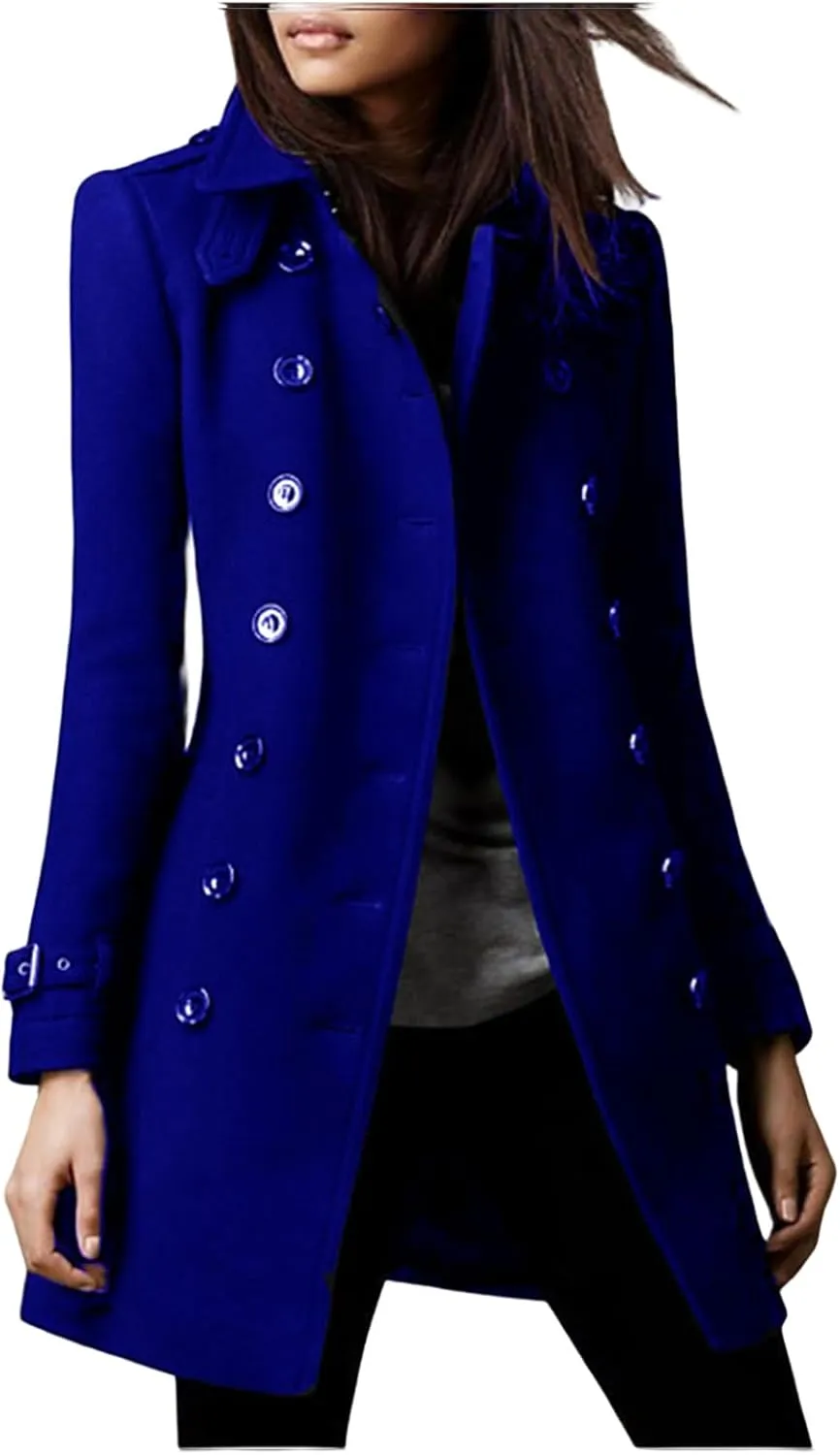 Womens Wool Coats Double Breasted Long Peacoat Trench Button Down Coats with Pockets
