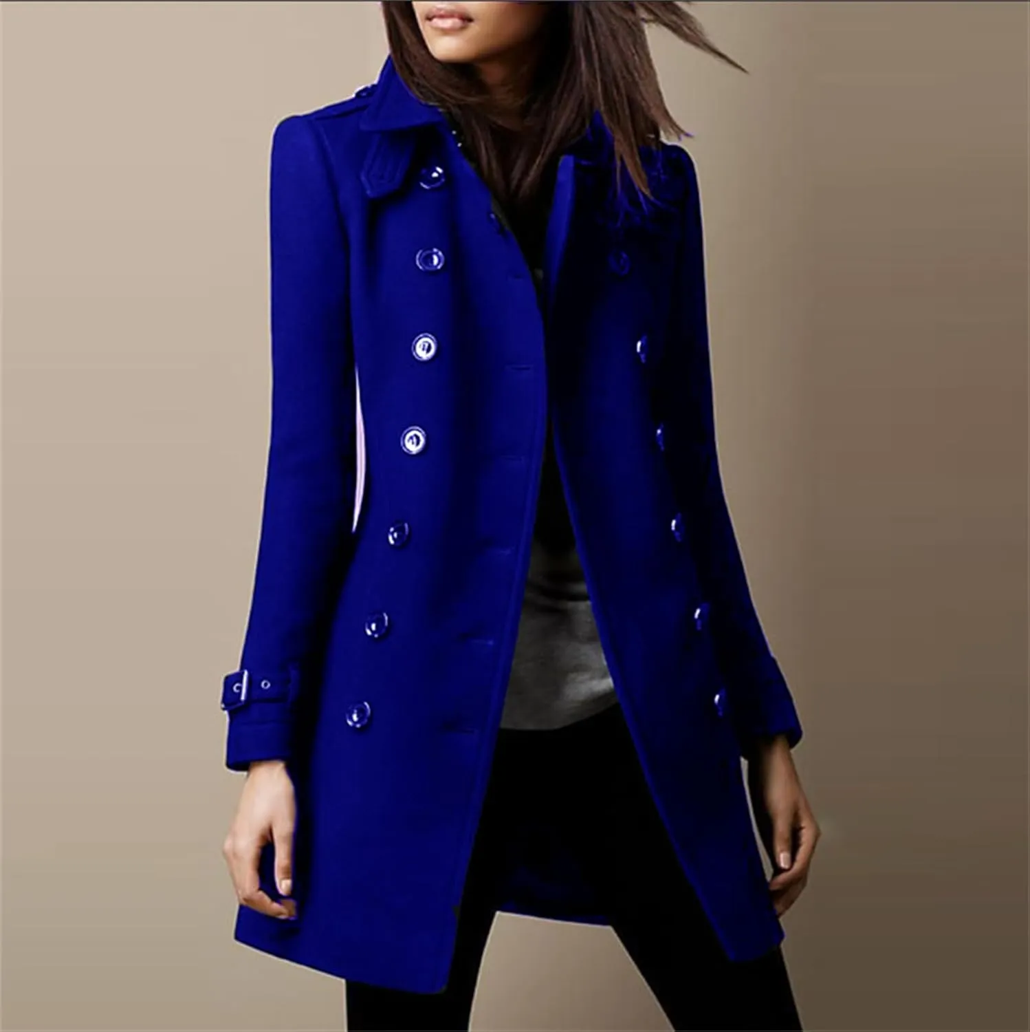 Womens Wool Coats Double Breasted Long Peacoat Trench Button Down Coats with Pockets