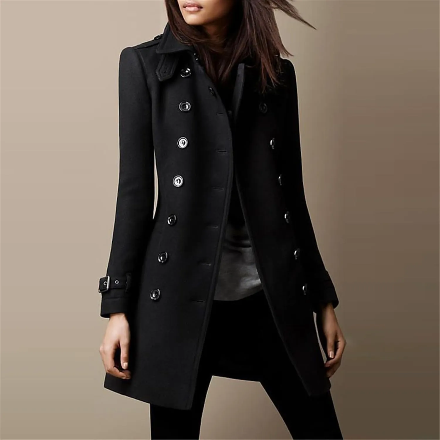 Womens Wool Coats Double Breasted Long Peacoat Trench Button Down Coats with Pockets