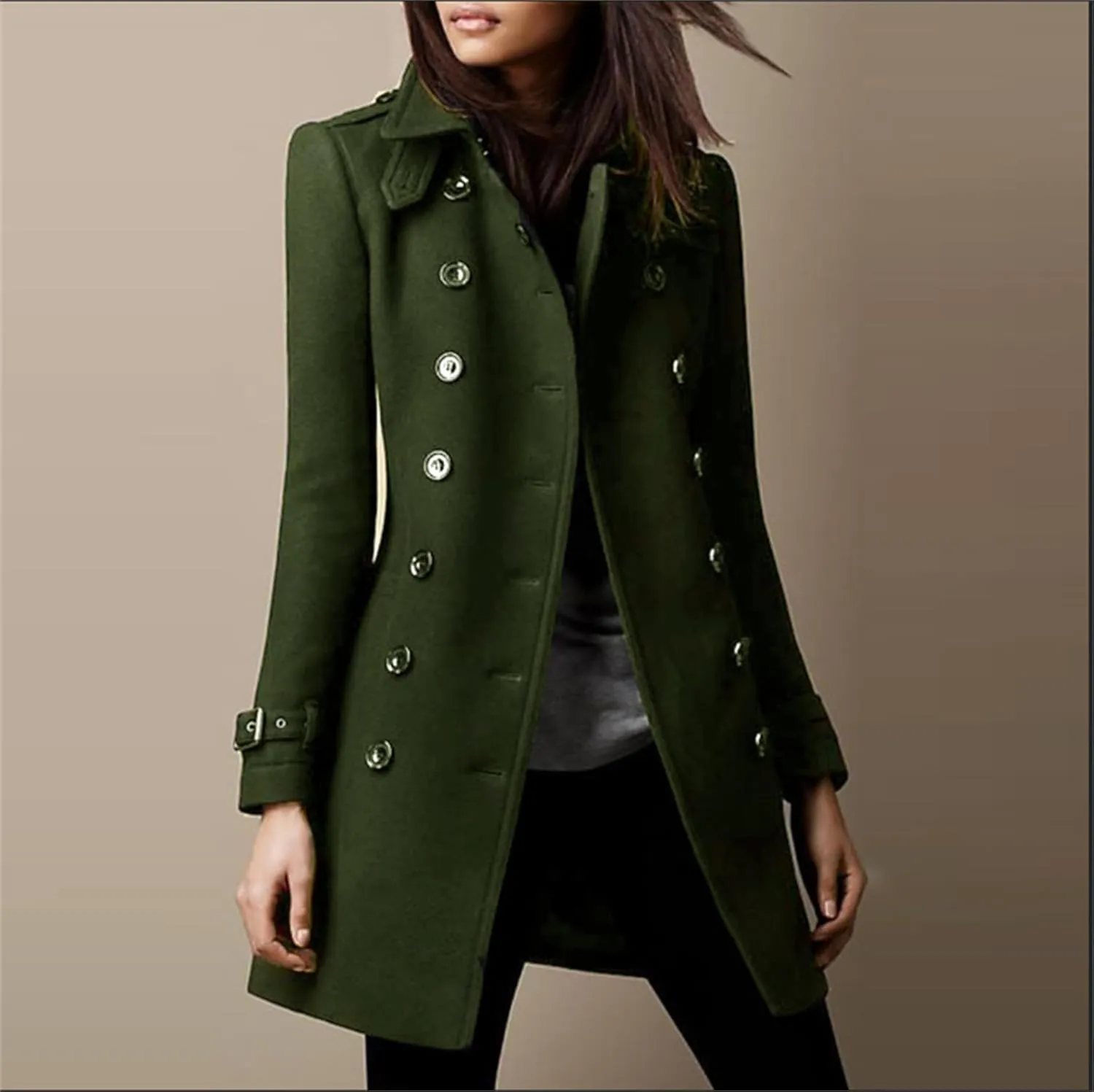 Womens Wool Coats Double Breasted Long Peacoat Trench Button Down Coats with Pockets