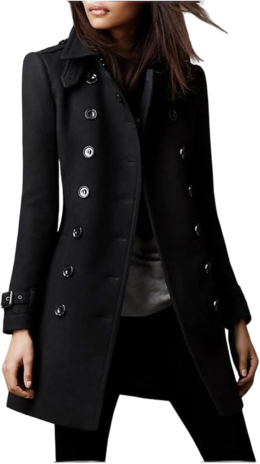 Womens Wool Coats Double Breasted Long Peacoat Trench Button Down Coats with Pockets