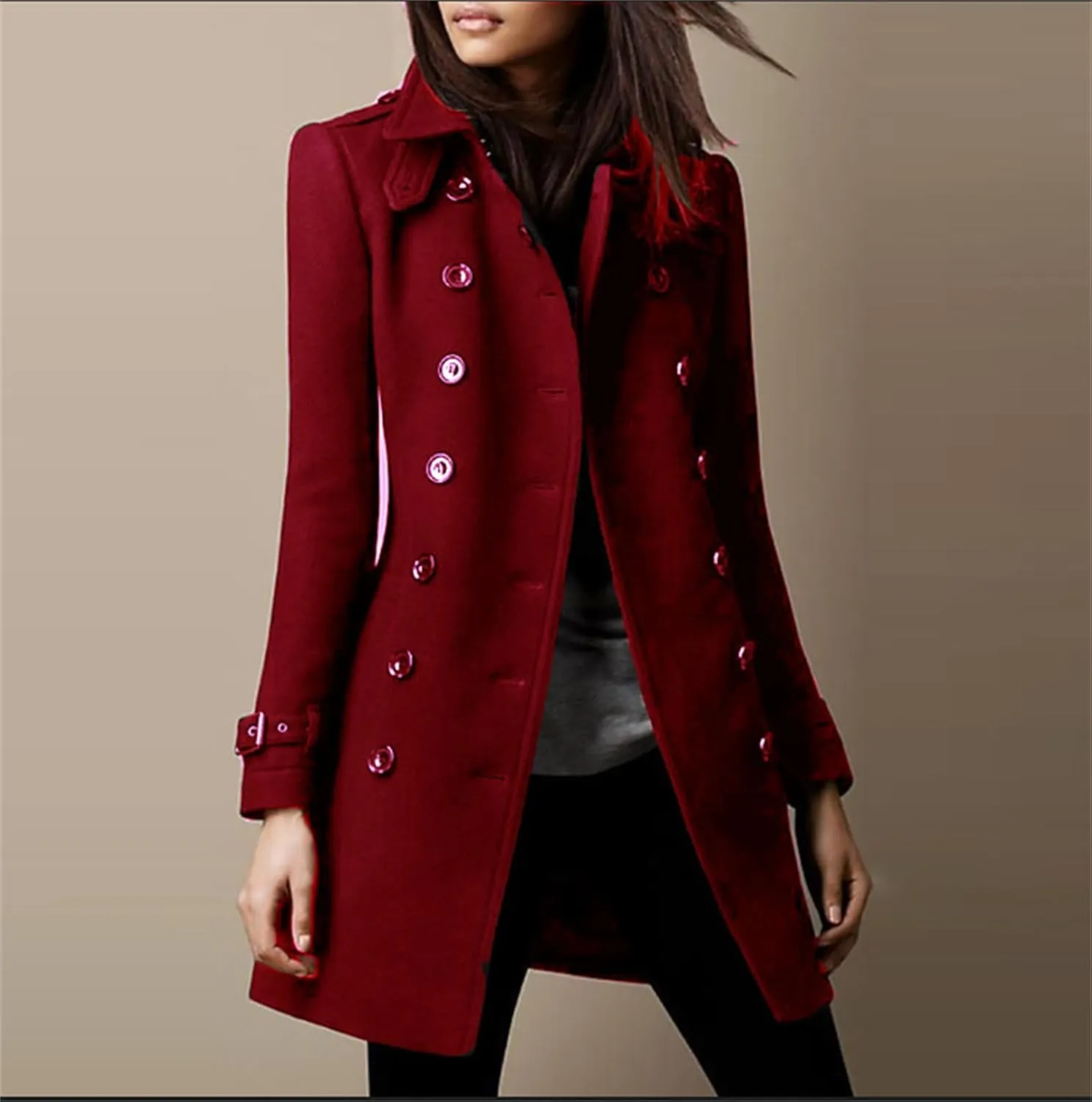 Womens Wool Coats Double Breasted Long Peacoat Trench Button Down Coats with Pockets