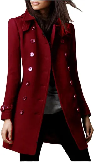 Womens Wool Coats Double Breasted Long Peacoat Trench Button Down Coats with Pockets