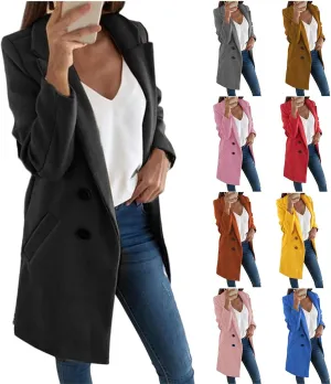 Womens Wool Coats Mid Length Double Breasted Trench Coat Business Casual Blazer Peacoat Jacket Fall Winter Fashion