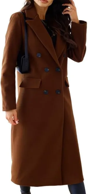 Women's Wool Trench Coat Long Woolen Peacoat Ladies Lapel Double Breasted Wool Maxi Coats