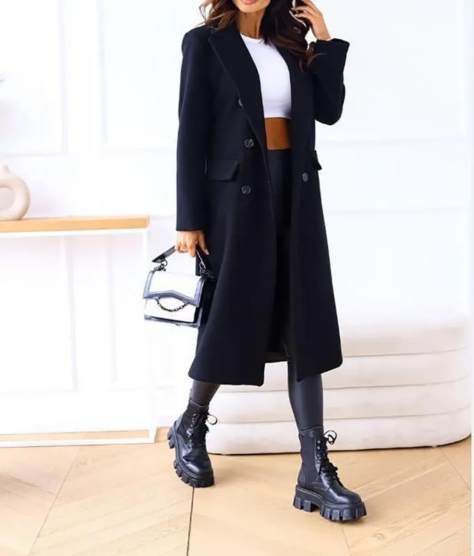 Women's Wool Trench Coat Long Woolen Peacoat Ladies Lapel Double Breasted Wool Maxi Coats
